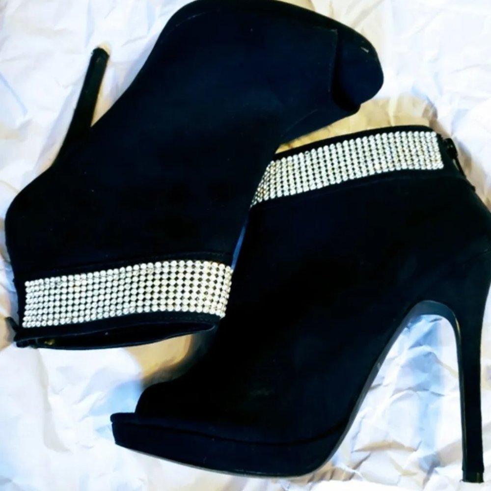 L. Miller Faux Suede Rhinestone Peep Toe Stiletto Ankle Bootie Boots